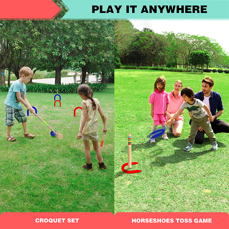 Six-Player Deluxe Croquet and Horseshoes Set, Colorful, Two Games, Indoor and Outdoor for Kids