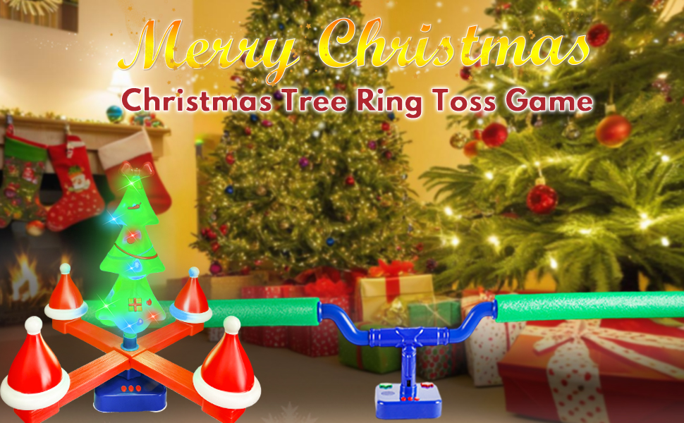 Christmas Tree Ring Toss Game for Kids – Holiday Music, Colored Lights and Jumping Pole – Family Party