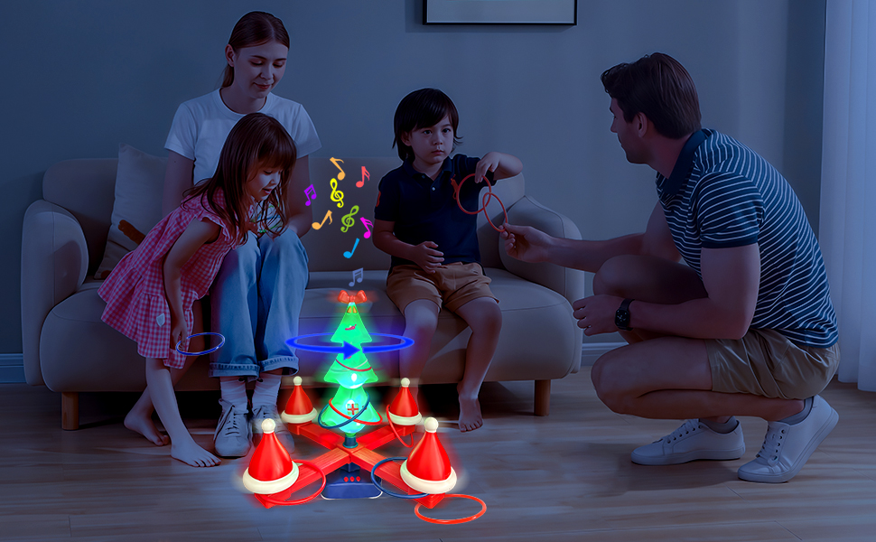 Christmas Tree Ring Toss Game for Kids – Holiday Music, Colored Lights and Jumping Pole – Family Party