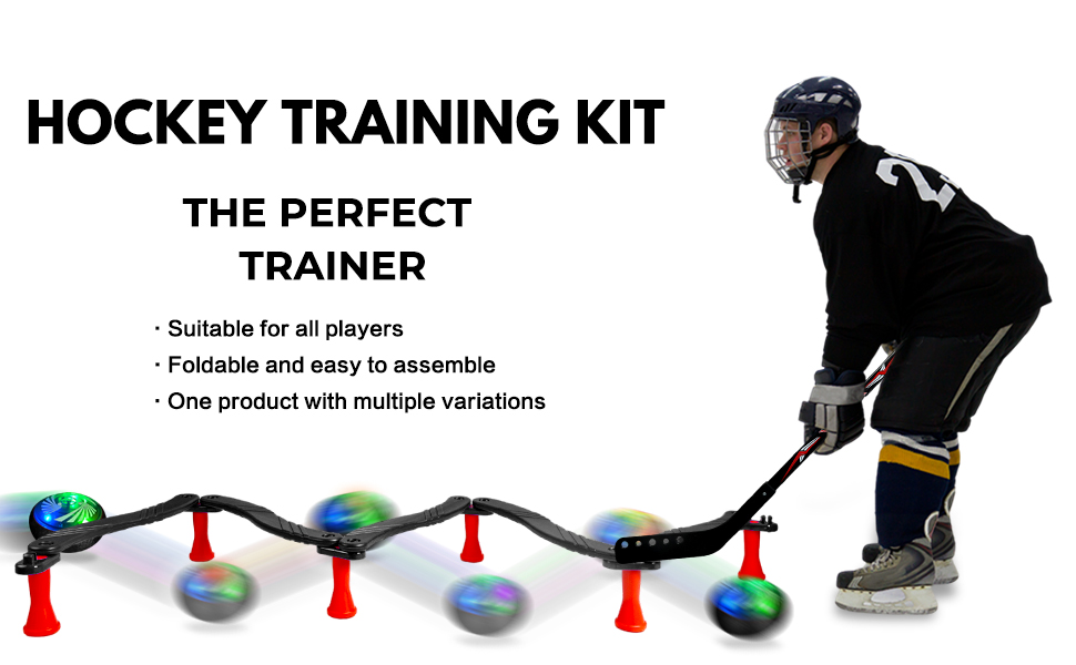 Hockey Training Set - 7 Sticks, 8 Suction Cup Holders, Modular Sticks, Floating Hockey Puck and Ball, Enhances Ball Control, Coordination and Reaction Time - Adjustable Handle Trainer for Multi-Purpose Drills