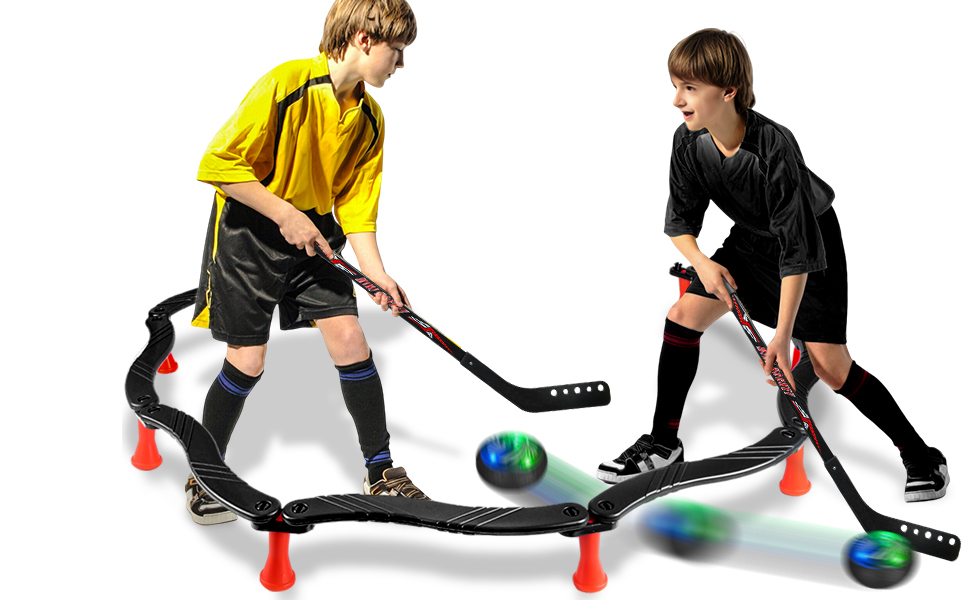 Hockey Training Set - 7 Sticks, 8 Suction Cup Holders, Modular Sticks, Floating Hockey Puck and Ball, Enhances Ball Control, Coordination and Reaction Time - Adjustable Handle Trainer for Multi-Purpose Drills