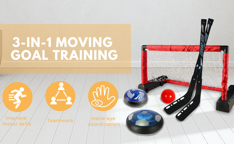 3 in 1 mobile goal, hockey, cultivate interest, young training sports, indoor, air powered ball, football