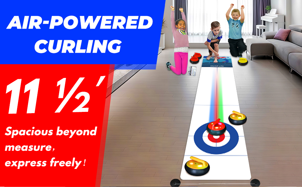 Air powered Curling Set - 6 Curling Stones, Indoor, Fun Family Game for 2 Players, Easy to Set Up