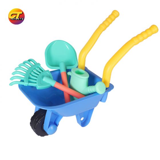 Children's gardening and beach toy set includes wheelbarrow, rake