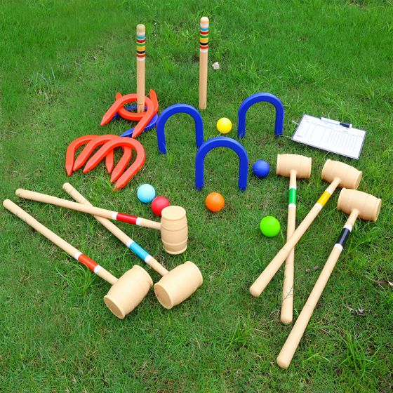 Six-Player Deluxe Croquet and Horseshoes Set, Colorful, Two Games, Indoor and Outdoor for Kids