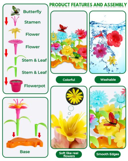 Creative Garden Building Blocks Toys - Flower design and assembly toys for children aged 3+, enhance fine moto