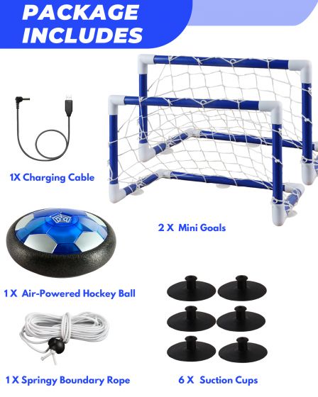 The air powered football is suitable for smooth ground, and the elastic rebound rope with mini goal brings joy to children